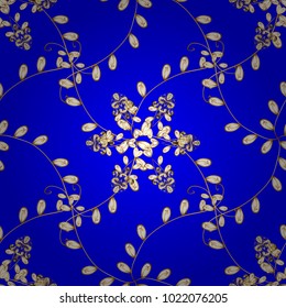 Golden pattern on blue, white and yellow colors with golden elements. Ornate vector decoration. Seamless damask pattern background for wallpaper design in the style of Baroque.