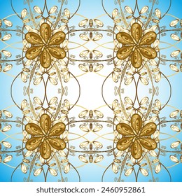 Golden pattern on blue, white and neutral colors with golden elements. Seamless golden pattern. Vector oriental ornament.