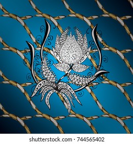 Golden pattern on blue, white and gray colors with white doodles. Vector golden pattern. Ornamental golden textured curls in oriental style arabesques.