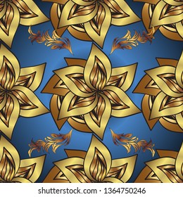 Golden pattern on blue and yellow colors with golden elements. Vector oriental ornament. Seamless golden pattern.