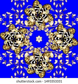 Golden pattern on blue and yellow colors with golden elements. Seamless oriental ornament in the style of baroque. Vector oriental ornament. Traditional classic golden pattern.