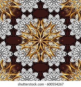 Golden pattern on brown background with golden elements. For your design, wallpaper. Golden color seamless illustration. Vector geometric background.