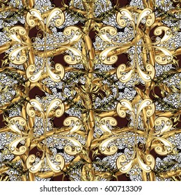 Golden pattern on brown background with golden elements. Seamless classic golden pattern. Vector traditional orient ornament.