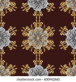 Golden pattern on brown background with golden elements. Vector geometric background. For your design, wallpaper. Golden color seamless illustration.