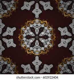Golden pattern on brown background with with white doodles. Seamless golden textured curls. Vector pattern. Oriental style arabesques