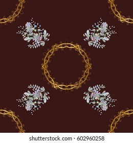 Golden pattern on brown background with white doodles. Seamless golden textured curls in oriental style arabesques.