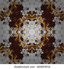 Golden pattern on brown background with with white doodles. Vector golden pattern. Oriental style arabesques. Seamless golden textured curls.