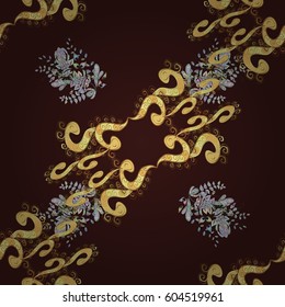 Golden pattern on brown background with golden elements. Ornate vector decoration. Seamless damask pattern background for wallpaper design in the style of Baroque.