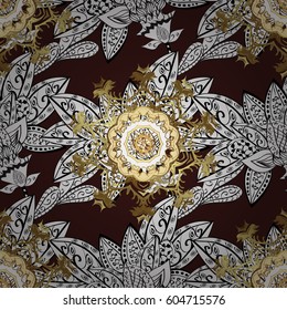 Golden pattern on brown background with golden elements. Floral tiles. Seamless pattern oriental ornament. Islamic design. Vector golden textile print.