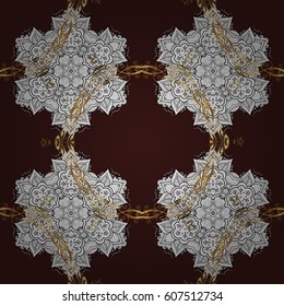 Golden pattern on brown background with white doodles. Vector golden pattern. Seamless golden textured curls in oriental style arabesques.