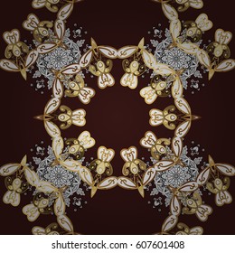 Golden pattern on brown background with golden elements. Seamless vintage pattern on brown background with golden elements. Christmas, snowflake, new year.