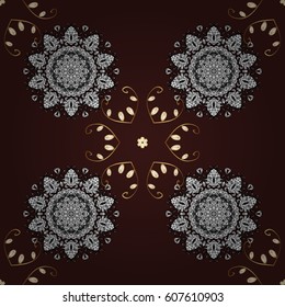 Golden pattern on brown background with golden elements. Backdrop, fabric, gold wallpaper. Vector golden seamless pattern. Flat hand drawn vintage collection.