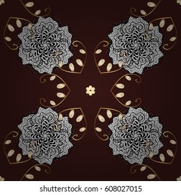 Golden pattern on brown background with golden elements. Ornate vector decoration. Seamless damask pattern background for wallpaper design in the style of Baroque.