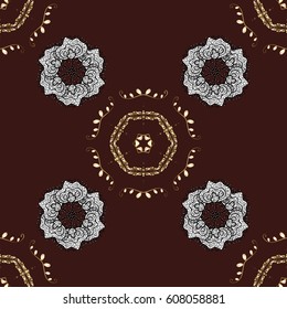 Golden pattern on brown background with golden elements. Islamic design. Floral tiles. Seamless pattern oriental ornament. Vector golden textile print.