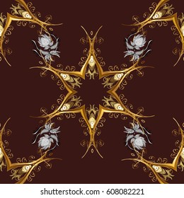 Golden pattern on brown background with golden elements. Ornate decoration. Vector vintage baroque floral seamless pattern in gold. Luxury, royal and Victorian concept.