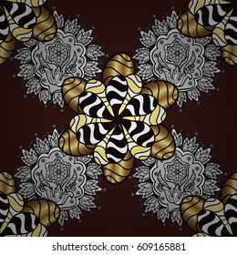 Golden pattern on brown background with golden elements. Seamless vintage pattern on brown background with golden elements. Christmas, snowflake, new year.