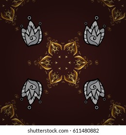 Golden pattern on brown background with golden elements. Seamless vintage pattern on brown background with golden elements. Christmas, snowflake, new year.