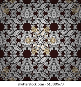 Golden pattern on brown background with golden elements. Vector geometric background. For your design, wallpaper. Golden color seamless illustration.