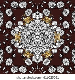 Golden pattern on brown background with golden elements. Ornate vector decoration. Seamless damask pattern background for wallpaper design in the style of Baroque.