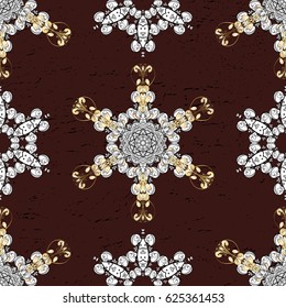 Golden pattern on brown background with golden elements. Damask classic white and golden pattern. Vector abstract background with repeating elements.