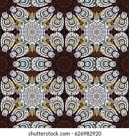 Golden pattern on brown background with golden elements. Vector vintage baroque floral pattern in gold. Luxury, royal and Victorian concept. Ornate decoration.