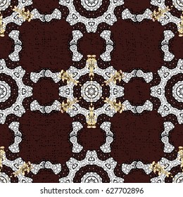 Golden pattern on brown background with golden elements. Golden color illustration. Vector geometric background. For your design, wallpaper.