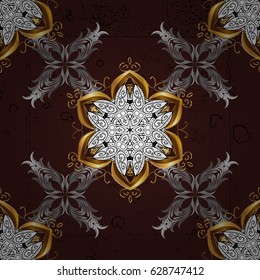 Golden pattern on brown background with golden elements. Seamless oriental ornament in the style of baroque. Vector oriental ornament. Traditional classic golden pattern.