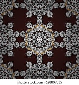 Golden pattern on brown background with golden elements. Seamless classic golden pattern. Vector traditional orient ornament.