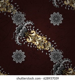 Golden pattern on brown background with golden elements. Golden pattern. Vector oriental ornament.