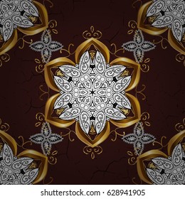 Golden pattern on brown background with golden elements. Vector oriental ornament. Traditional classic golden pattern. Seamless oriental ornament in the style of baroque.