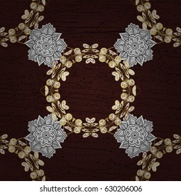 Golden pattern on brown background with golden elements. Ornate decoration. Vector vintage baroque floral pattern in gold. Luxury, royal and Victorian concept.