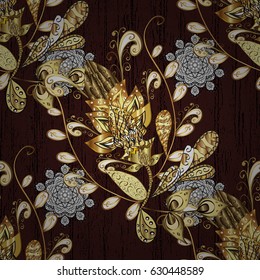 Golden pattern on brown background with golden elements. Vector golden textile print. Floral tiles. Islamic design. Pattern oriental ornament.