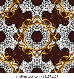 Golden pattern on brown background with golden elements. Golden color illustration. Vector geometric background. For your design, wallpaper.