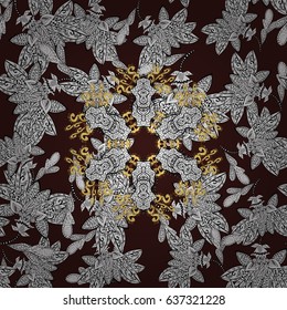 Golden pattern on brown background with with white doodles. Oriental style arabesques. Seamless golden textured curls. Vector golden pattern.