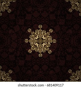 Golden pattern on brown background with golden elements. Ornate vector decoration. Seamless damask pattern background for wallpaper design in the style of Baroque.