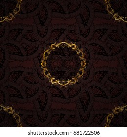 Golden pattern on brown background with golden elements. Seamless classic golden pattern. Vector traditional orient ornament.