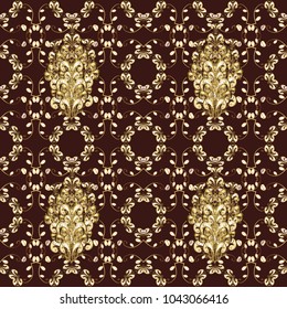 Golden pattern on brown, beige and white colors with golden elements. Backdrop, fabric, gold wallpaper. Vector golden seamless pattern. Flat hand drawn vintage collection.