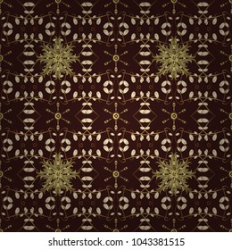 Golden pattern on brown, beige and yellow colors with golden elements. Seamless golden pattern. Vector oriental ornament.