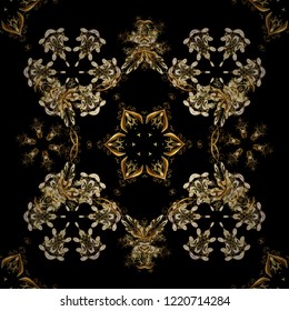 Golden pattern on brown, beige and black colors with golden elements. Seamless golden pattern. Vector oriental ornament.