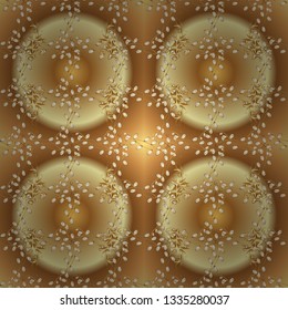 Golden pattern on brown and beige colors with golden elements. Seamless oriental ornament in the style of baroque. Traditional classic golden pattern. Vector oriental ornament.