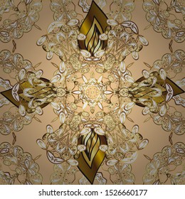 Golden pattern on brown and beige colors with golden elements. Traditional classic golden pattern. Vector oriental ornament. Seamless oriental ornament in the style of baroque.