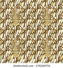 Golden pattern on brown and beige colors with golden elements. Backdrop, fabric, gold wallpaper. Vector golden seamless pattern. Flat hand drawn vintage collection.