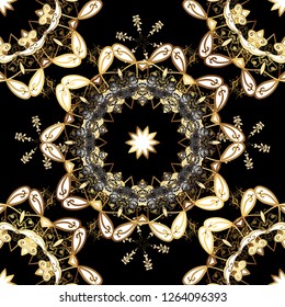Golden pattern on brown and black colors with golden elements. Seamless pattern oriental ornament. Floral tiles. Islamic design. Vector golden textile print.