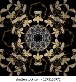 Golden pattern on brown and black colors with golden elements. Ornate vector decoration. Seamless damask pattern background for wallpaper design in the style of Baroque.