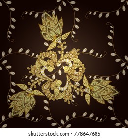 Golden pattern on brown, black and yellow colors with golden elements. Flat hand drawn vintage collection. Backdrop, fabric, gold wallpaper. Vector golden pattern.