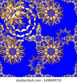 Golden pattern on brown and blue colors with golden elements. Vector oriental ornament. Golden pattern.