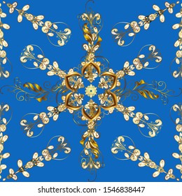 Golden pattern on brown and blue colors with golden elements. Seamless oriental ornament in the style of baroque. Vector oriental ornament. Traditional classic golden pattern.
