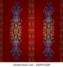 Golden pattern on a brown, blue and red colors with golden elements. Luxury, royal and Victorian concept. Vector vintage baroque floral seamless pattern in gold. Ornate decoration.
