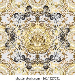 Golden pattern on a brown, gray and white colors with golden elements. Vector vintage baroque floral seamless pattern in gold. Luxury, royal and Victorian concept. Ornate decoration.