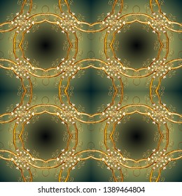 Golden pattern on brown and green colors with golden elements. Vector golden textile print. Floral tiles. Islamic design. Seamless pattern oriental ornament.